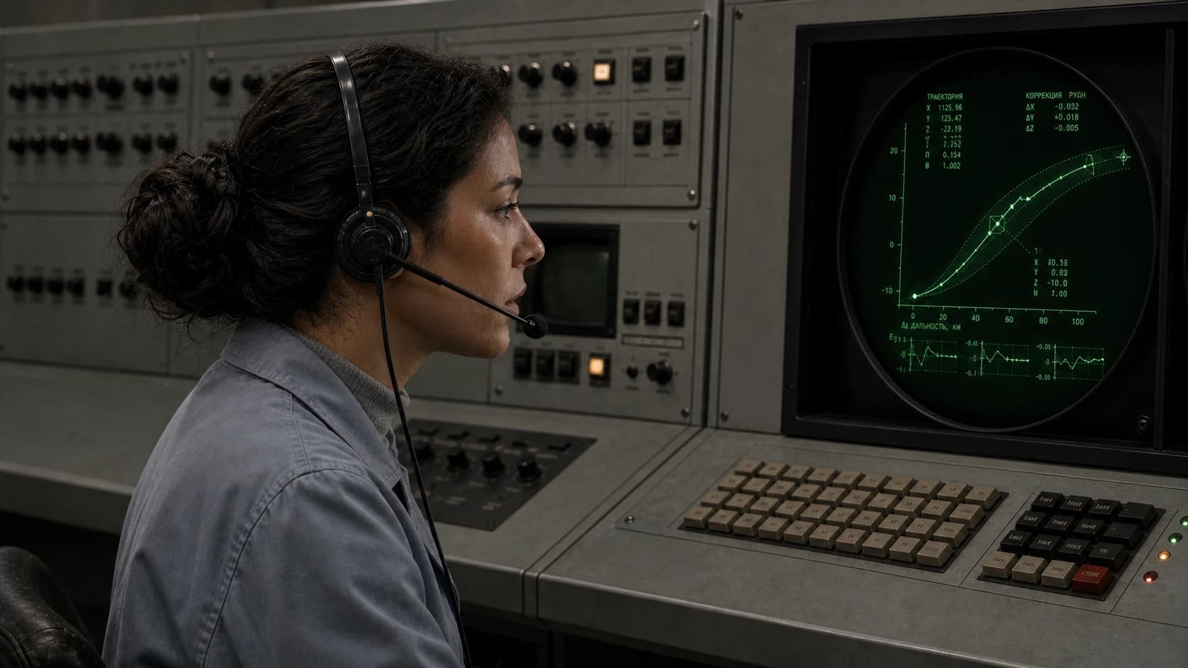 A woman at a flight-control console, speaking into a headset.
