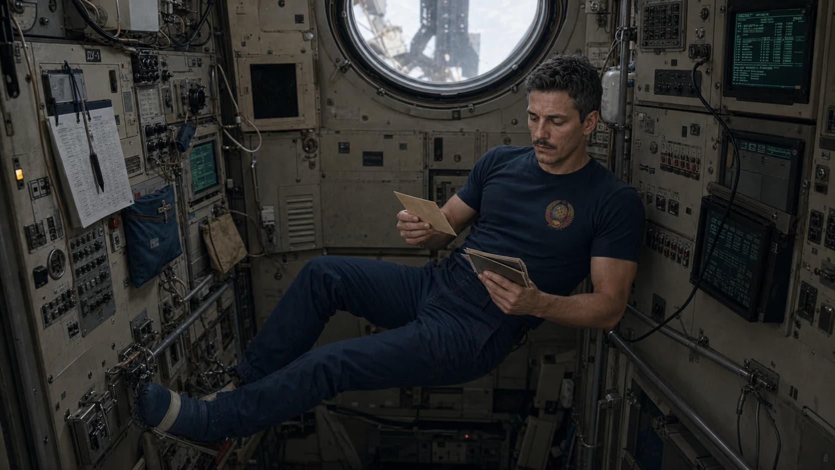 Dmitry floats inside the space station, looking through photographs.