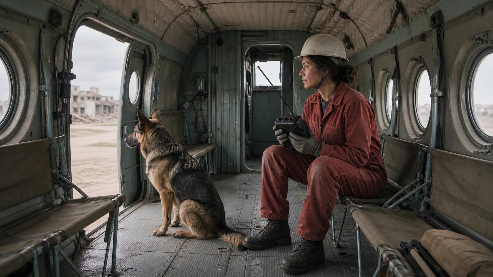A woman and a German shepherd in a helicopter beside a damaged city.