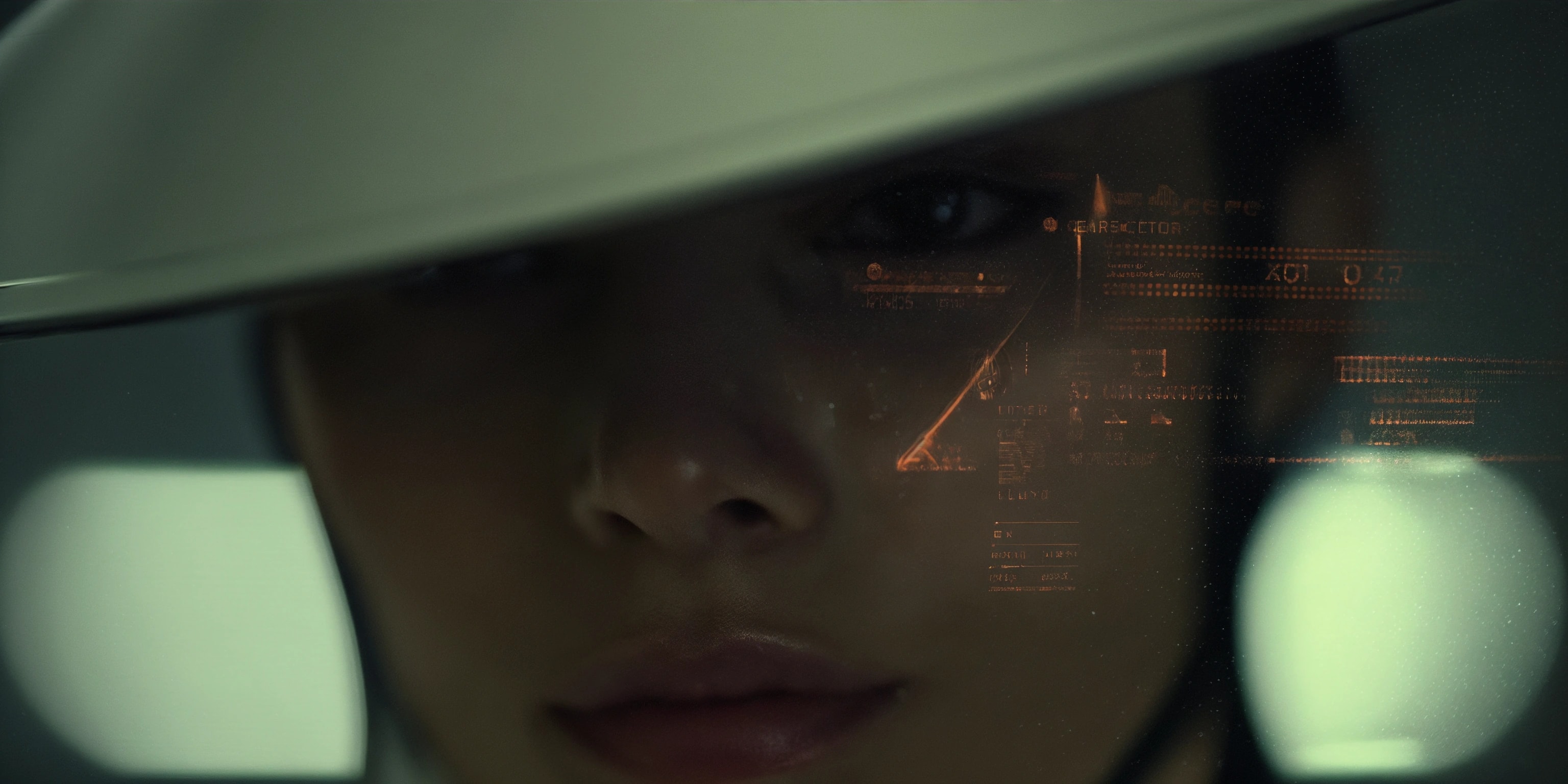 Amigasa: a face beneath a metallic hat, with a reflected interface.