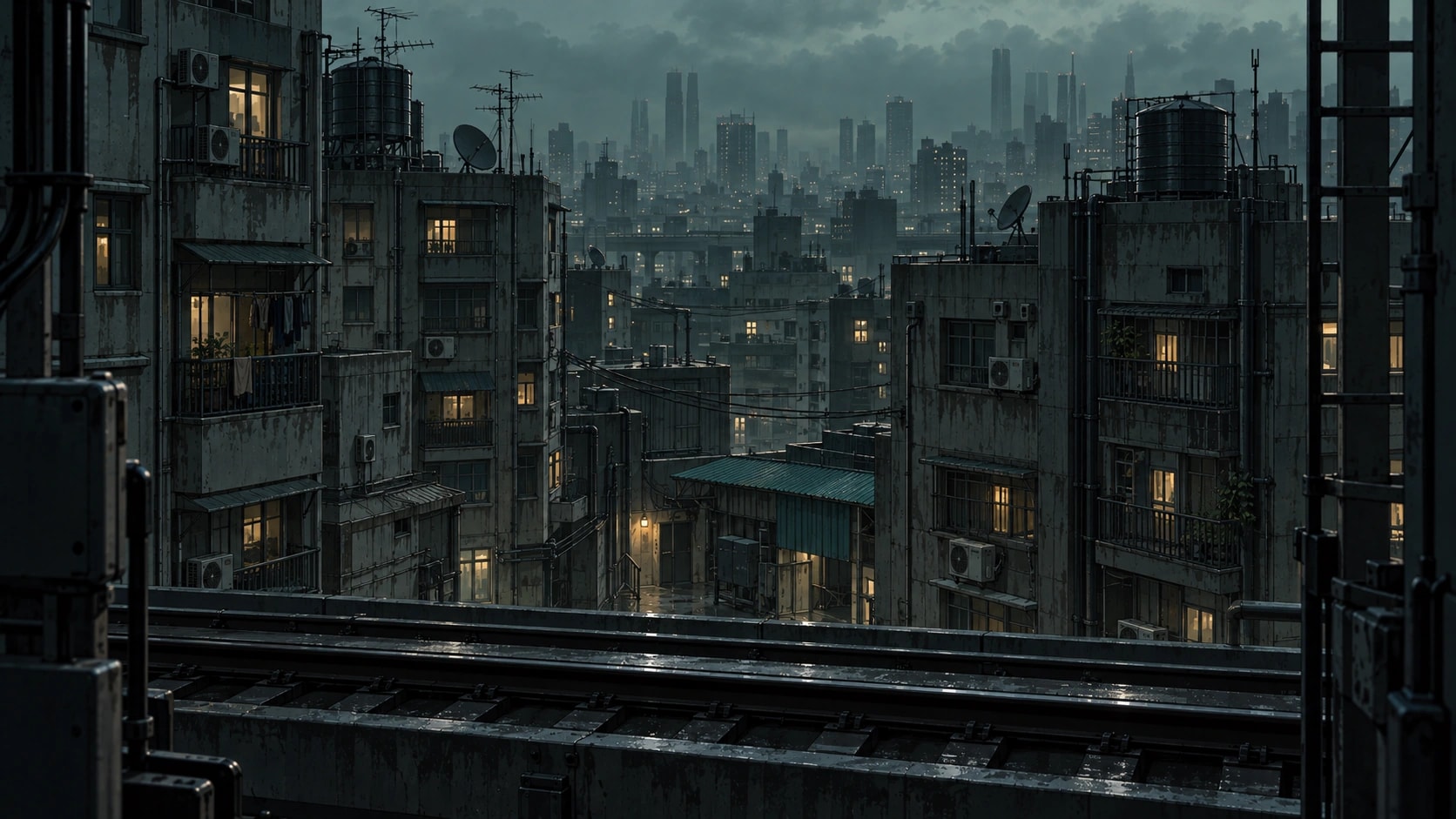 New Kong in a drawn style: rooftops, elevated rail and the city skyline.